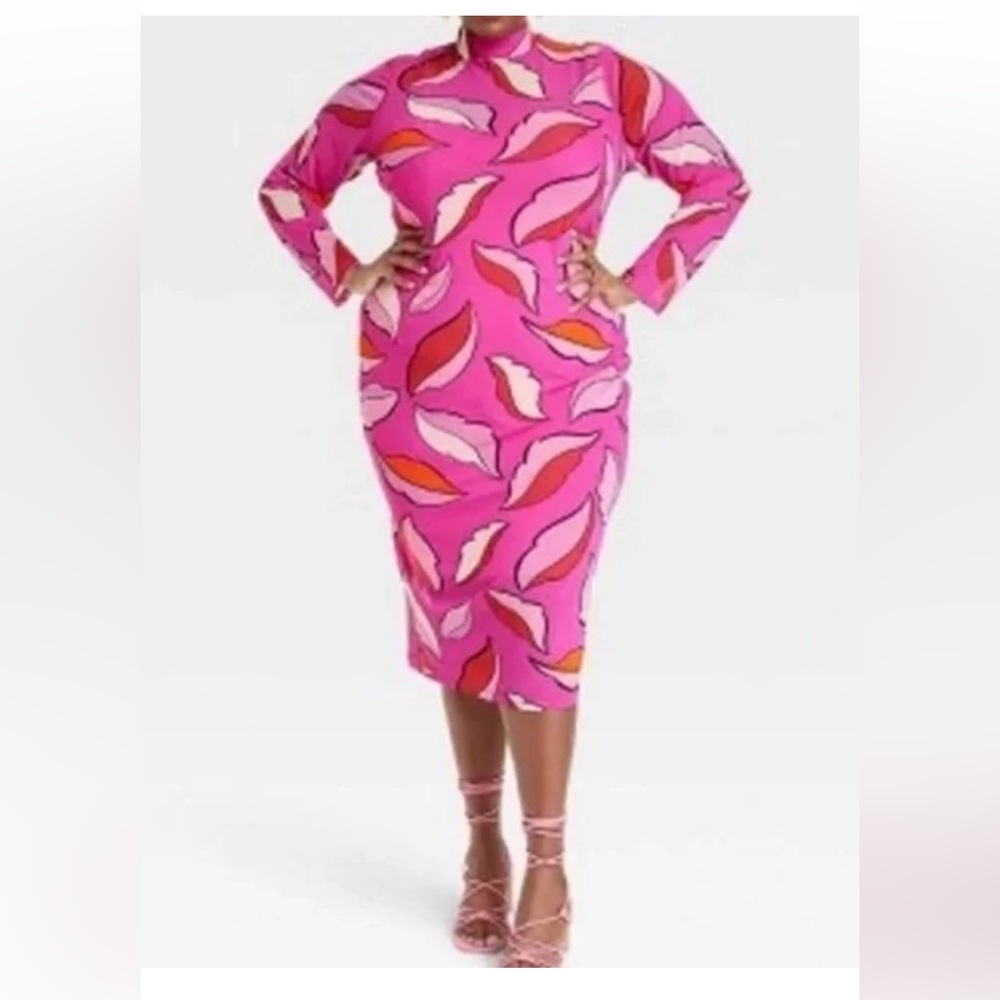 Sammy B Target Pink Feather Lips Print Long Sleeve Midi Dress Mesh Plus XXL